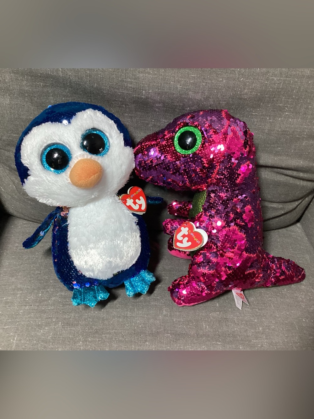 TY Flippables Pink Stompy Dinosaur 9" Blue Payton Penguin 9" Sequin Plush